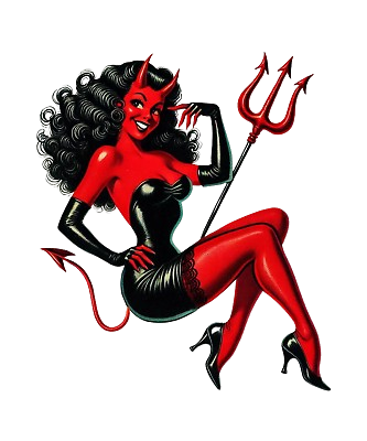 Retro pin-up style illustration of a she-devil holding a pitchfork